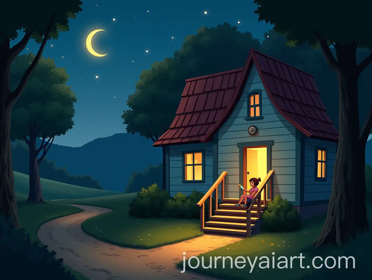 Child-Eating-IceAI-Image-Prompt-Expansion-Cream-on-Stairs-of-House-at-Sunset-with-Crescent-Moon-and-Stars