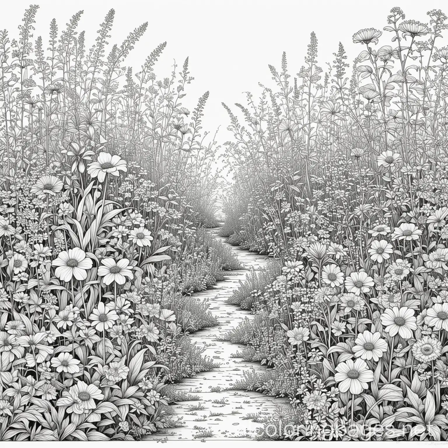 Whimsical-Overgrown-Flower-Garden-Coloring-Page