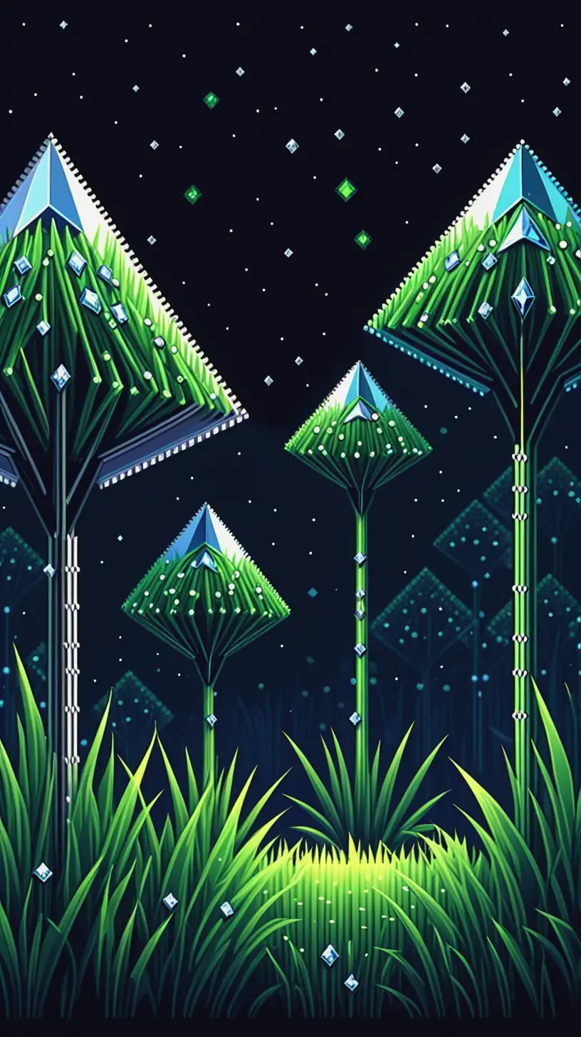 Pixel Art of Sharp Diamond Grass and Jewelry Trees at Night