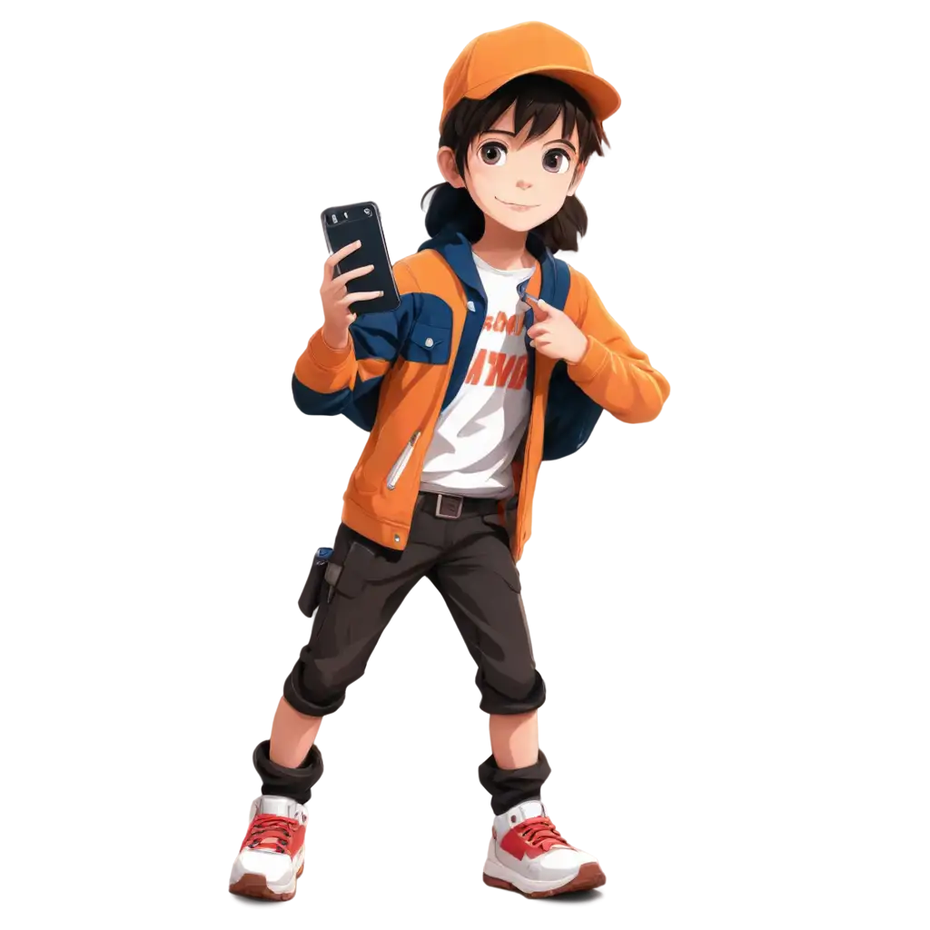 Fun-Anime-Kid-with-Cellphone-PNG-Image-Captivating-Digital-Artwork