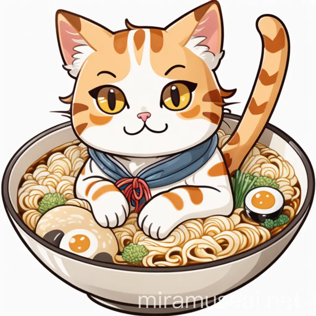 Cartoon Cute Cat Sitting in Ramen Bowl Sticker