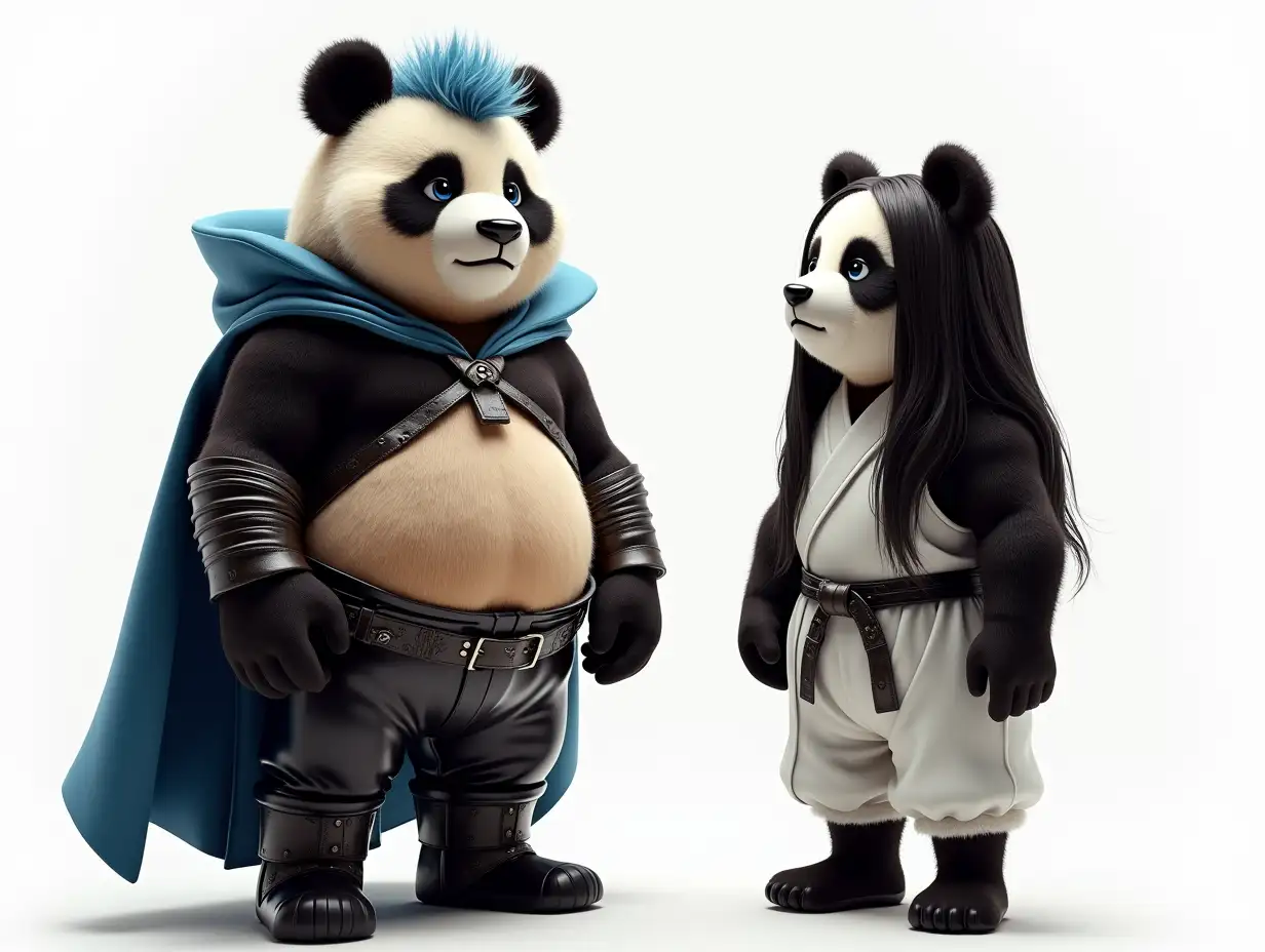 create a detailed and hyper realistic cinematic high resolution photo in Hong Kong comic style, two very cute and fat panda plushies standing against each other and ensure their poses in three-quarter view, ensure left panda has very dark blue medium cut wavy hair over head. ensure one panda on left wear form fitted leather sleek outfit including leather sleeveless top, black leather pants and black boot, warrior metal wristbands. ensure the panda on left also have a blue cape. Ensure one panda on right wear white ancient Chinese outfit with black long straight hair. ensure the both two panda looks serious and worrying something, the environment light are from right hand side. the background is white color