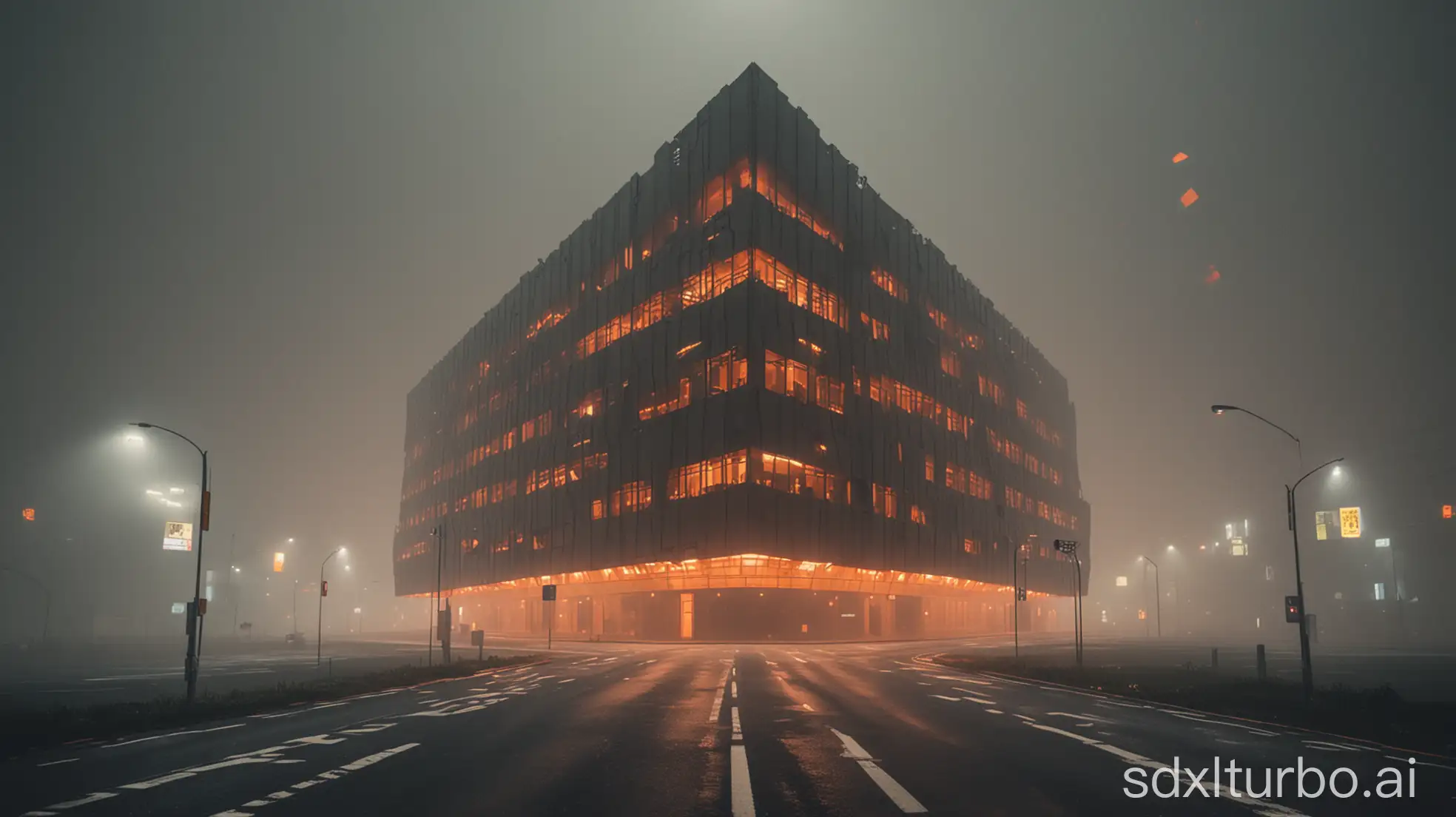 Futuristic-Dystopian-Building-Illuminated-by-Warm-Lights-in-Fog