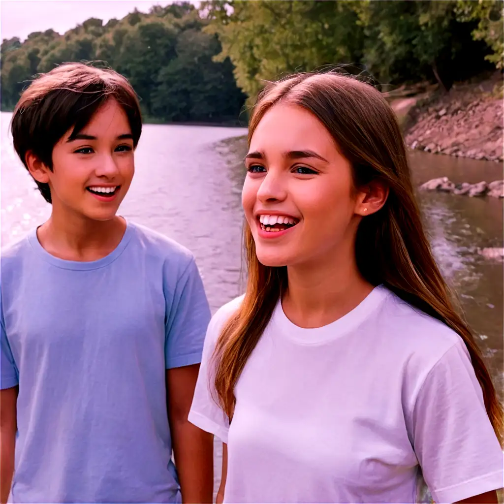 Realistic-Outdoor-PNG-Image-of-a-Girl-and-Boy-Smiling-by-the-River-with-Long-and-Short-Hair