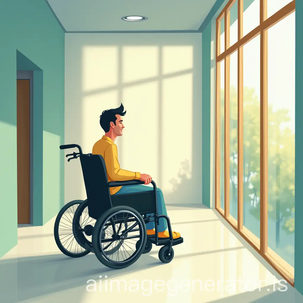 Man-in-Electric-Wheelchair-Feeling-Joyful-in-Sunlit-Glass-Hallway