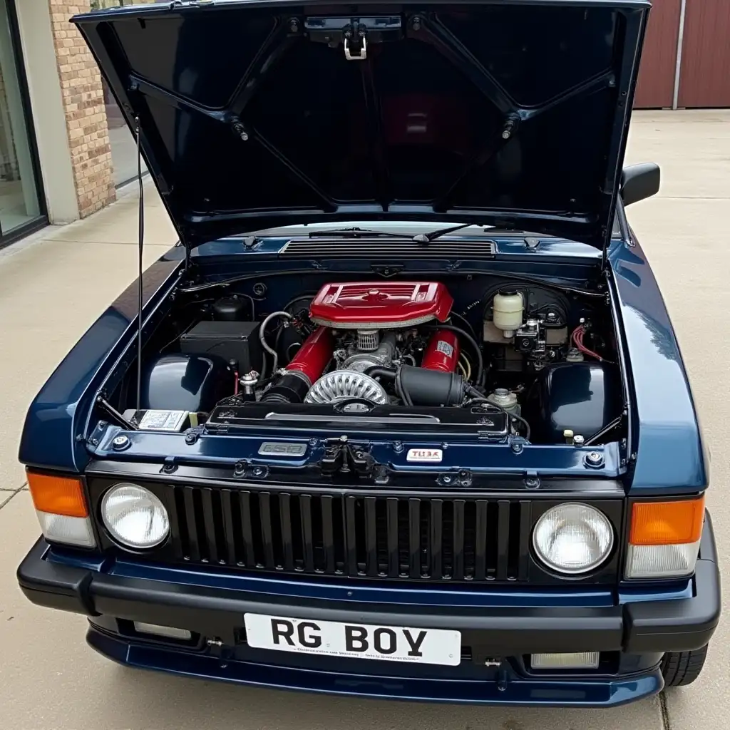 The engine bay of a classic 1980 2 door range rover in dark blue with an LS3 5 litre supercharged engine with red accents and the front grille and low bib spoiler in black