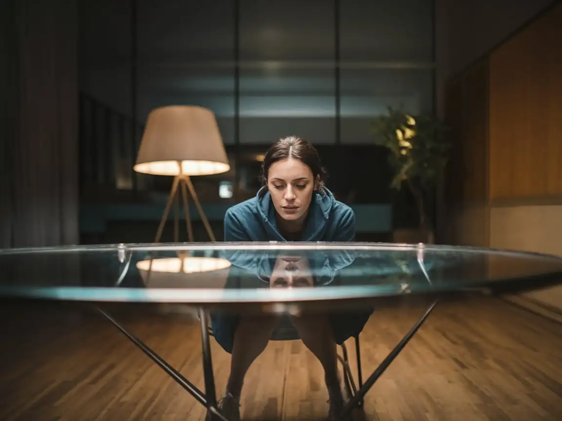 Reflection-of-a-Lonely-Woman-on-Glassy-Table-ARRI-Alexa-35-Shot