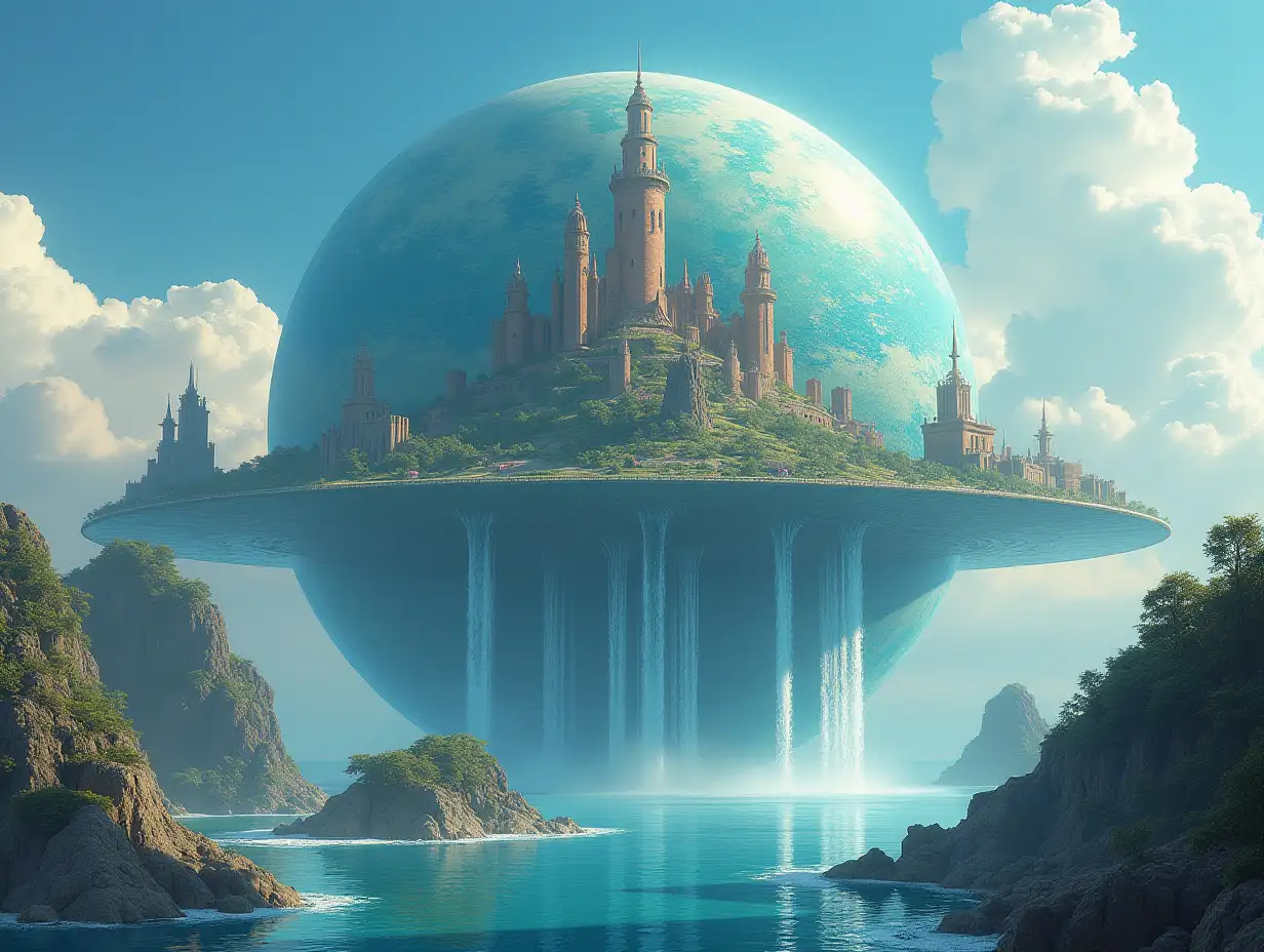 Create for me a photorealistic image of Paradise on a large planet with towers, sea and waterfalls
