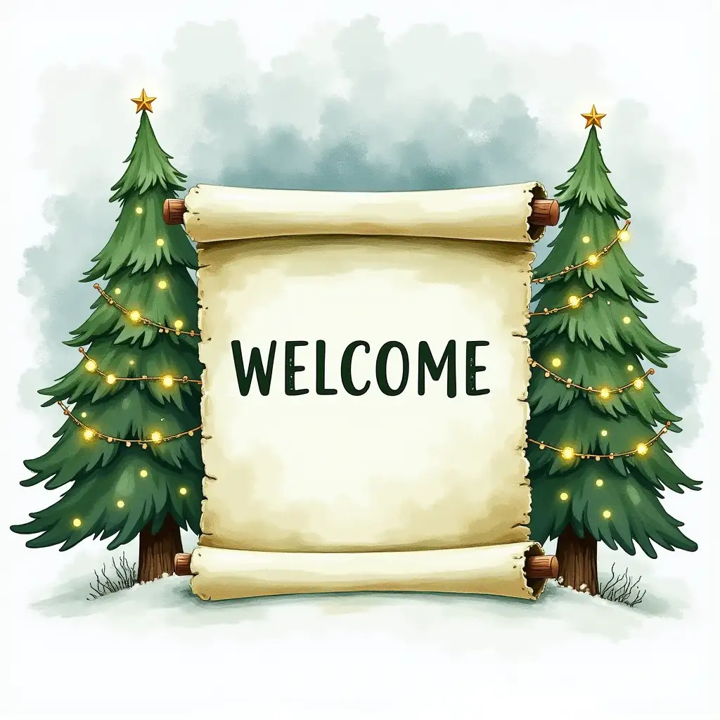 Watercolor-Style-Christmas-Welcome-Scroll-with-Decorated-Trees-and-Twinkling-Lights