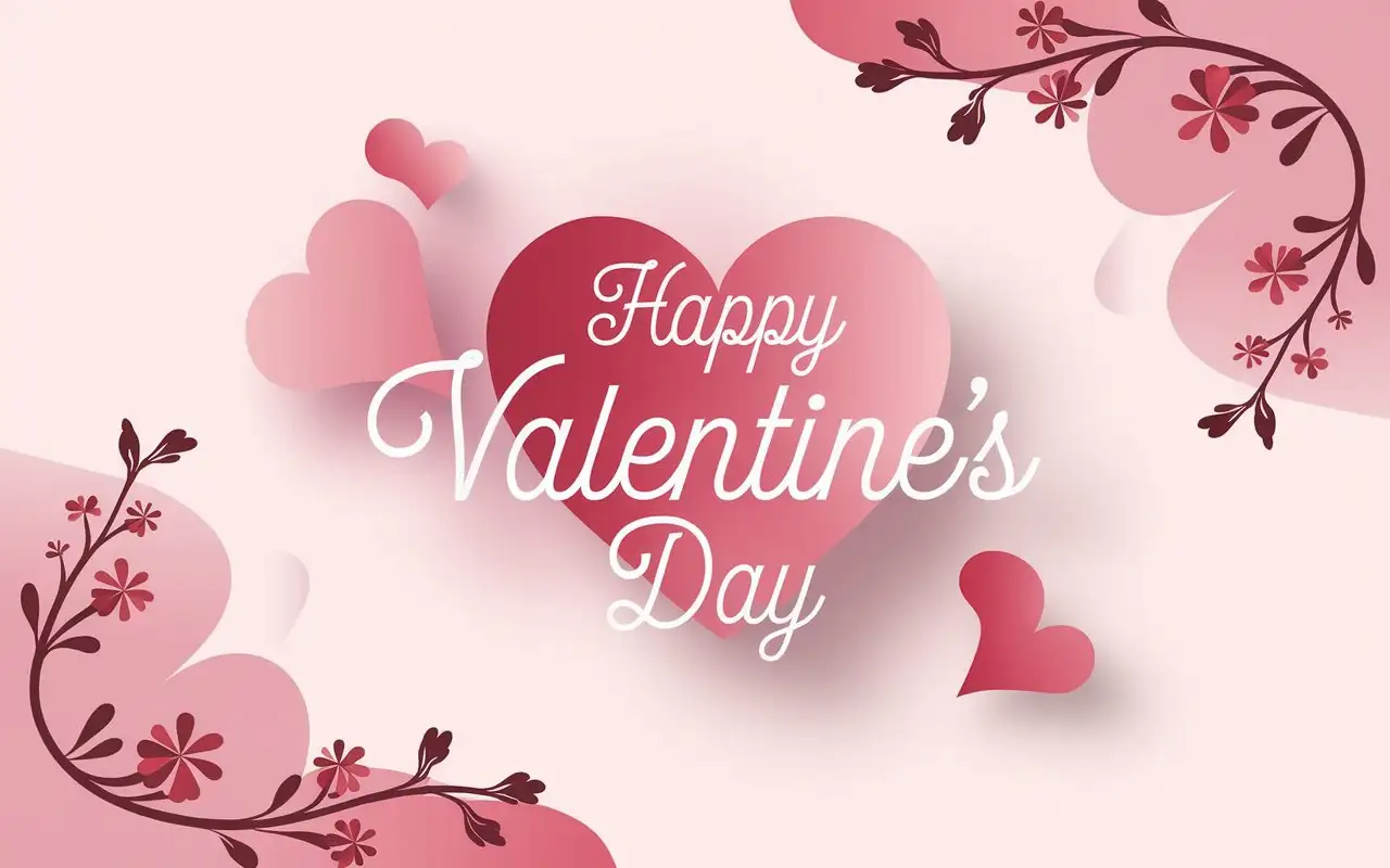 Happy Valentine's Day text in elegant cursive font, surrounded by soft pink and red hearts, set on a pastel gradient background blending pink and white, decorative floral vines wrapping around the edges, minimalistic yet warm.