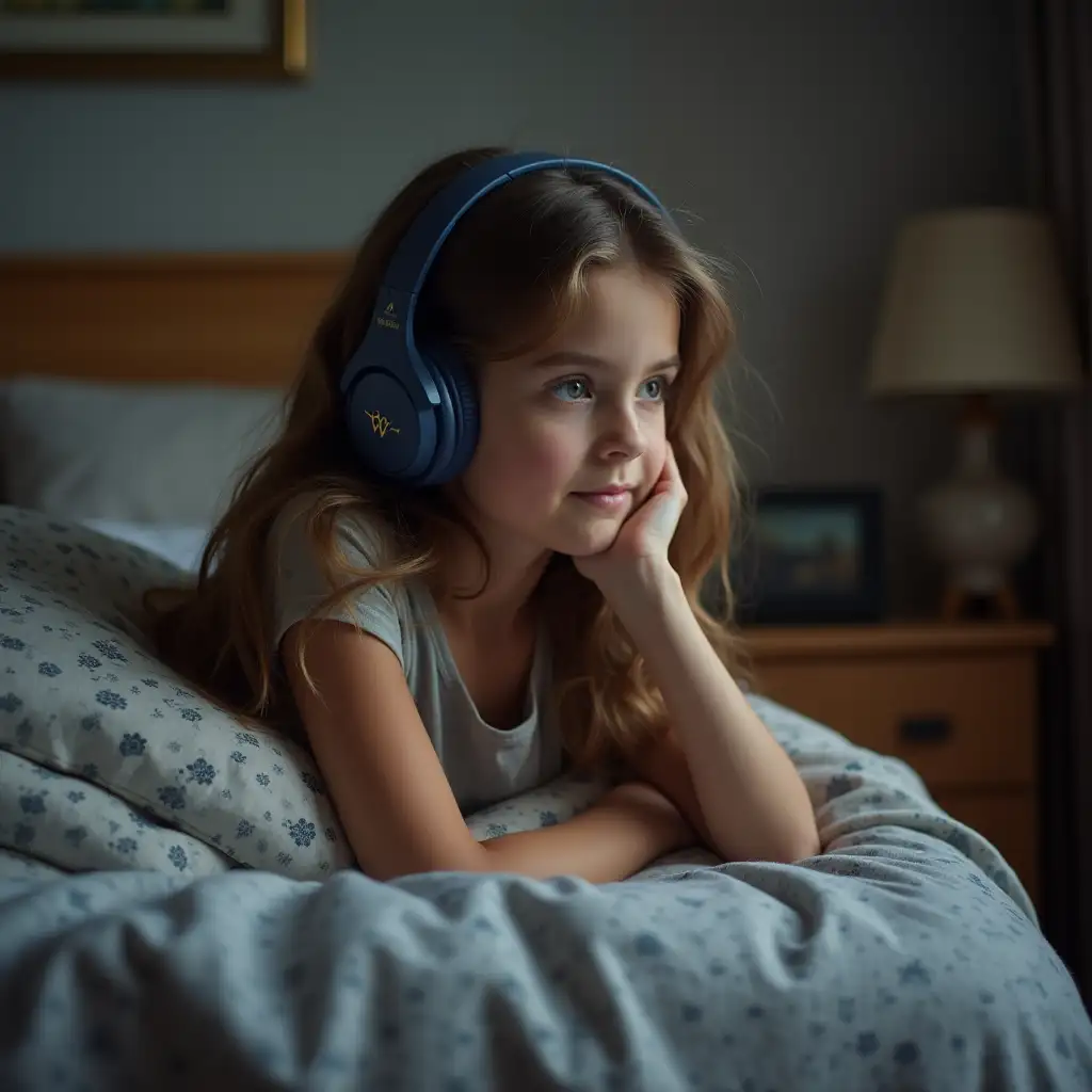 Teenage-Girl-Relaxing-on-Bed-with-Headphones-and-Nightstand
