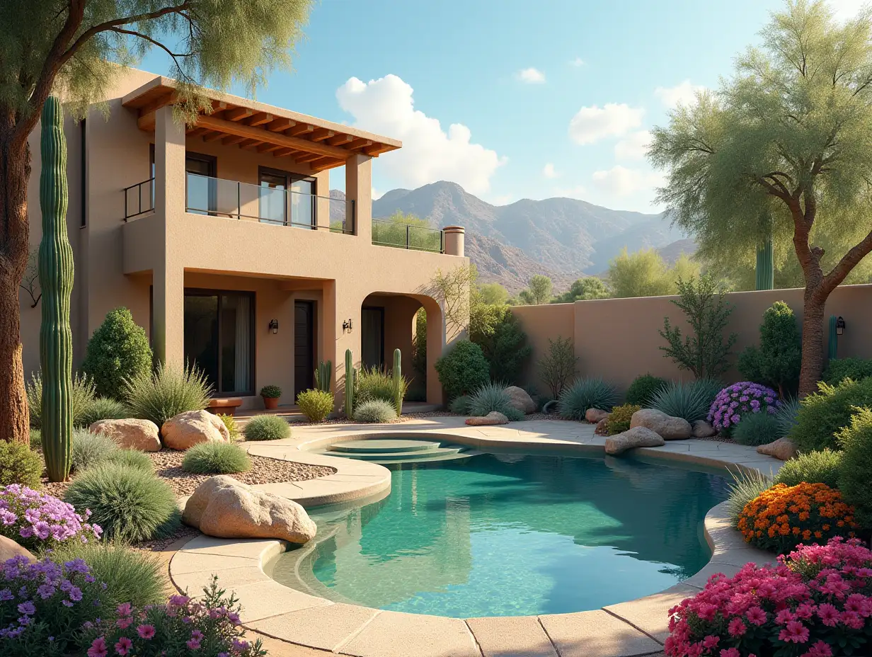 Create for me an oasis in the desert with many plants and flowers
