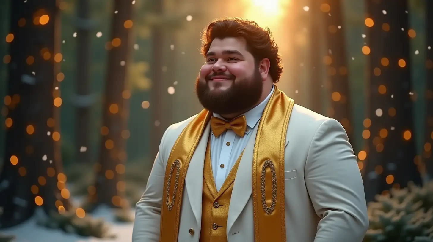 Chubby Brunette Man in a White Suit with Golden Stole in a Magical Christmas Forest