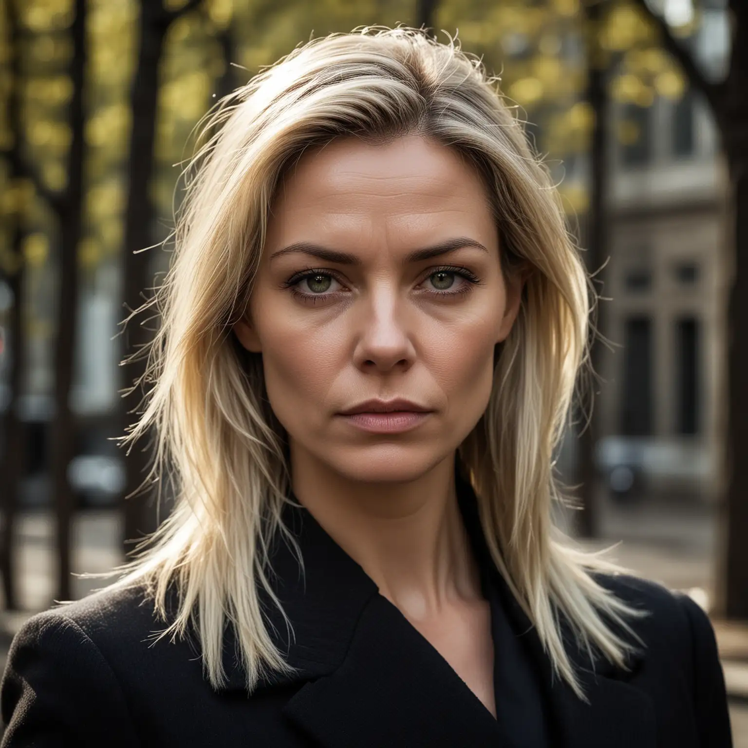 Thirties Female Prosecutor with Elegant Blonde Hairstyle in City Court