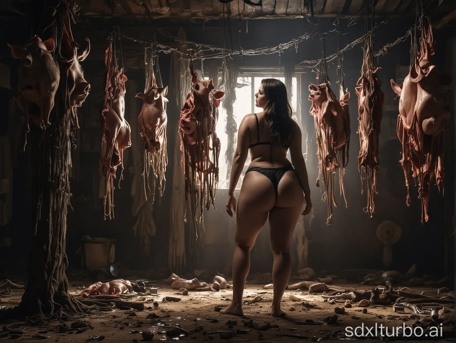 Dramatic-Rear-View-of-Woman-in-Black-Bikini-Beside-Hanging-Pig-Carcass