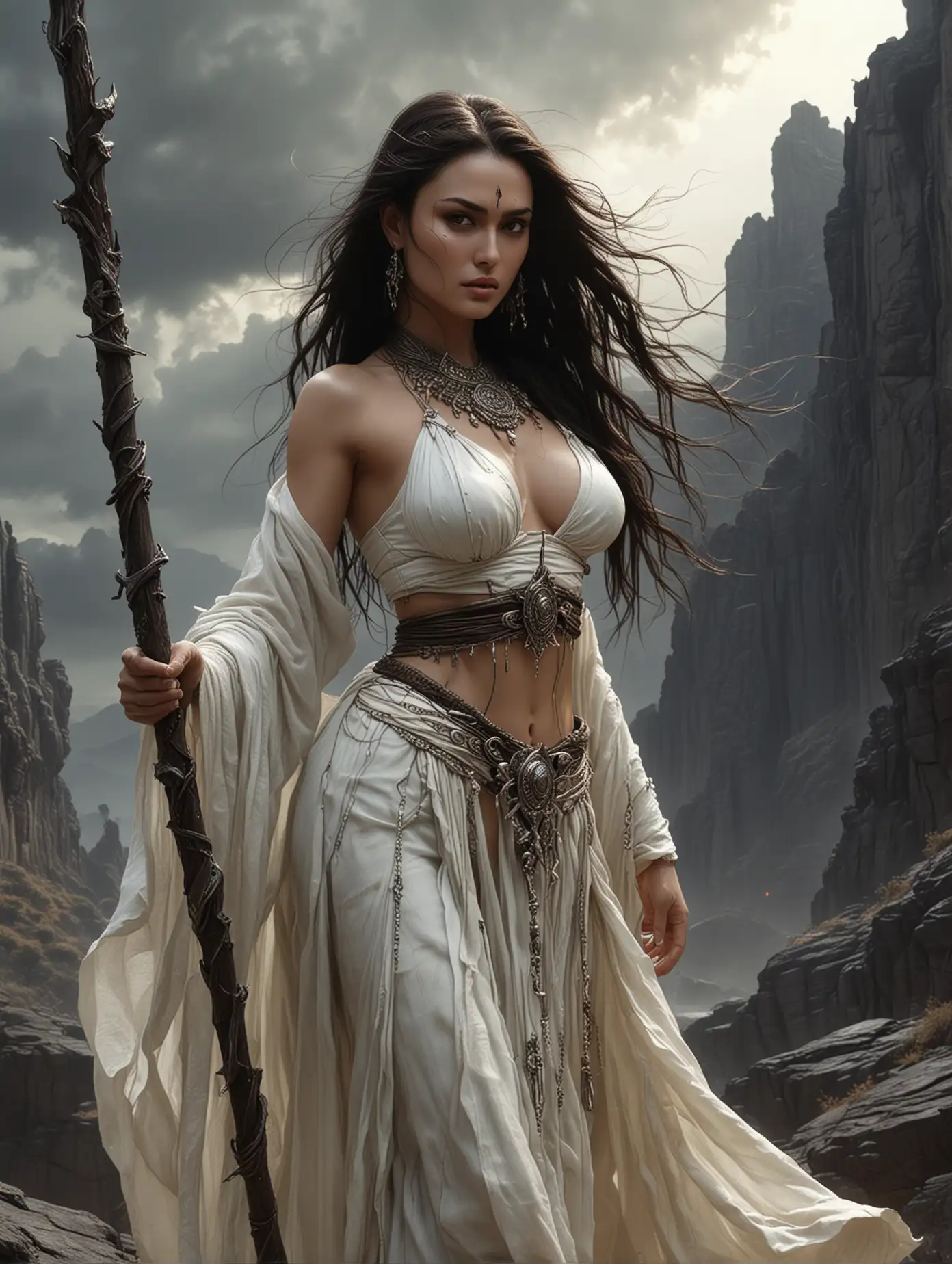 Medium close up of Beauty Luna Maya with dark flowing hair, moody face, fierce face, wears hindu goddess wardrobe, she was holding a long staff was made by lightning, proudly standing in fighting pose at top of rock hills surface background, Luis Royo style, anime semi-realism, elegance, graceful