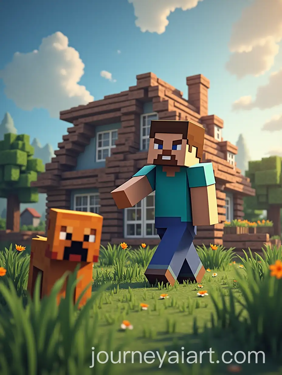 Minecraft-Steve-Building-a-House-Surrounded-by-Animals