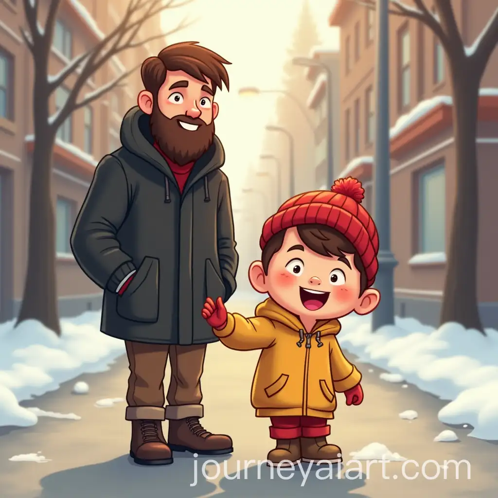 Happy-Boy-with-Father-in-Winter-Clothing-on-a-Snowy-Street