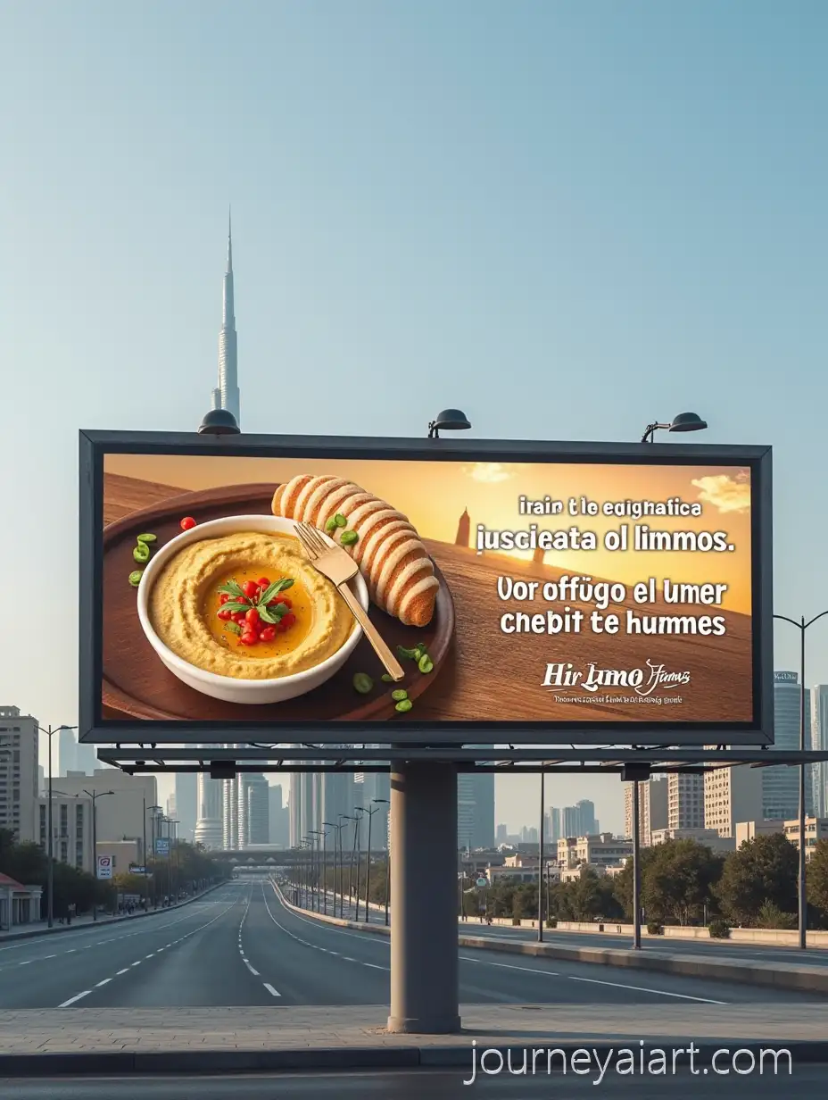Hummus-Billboard-in-Dubai-with-Landmarks-and-Multilingual-TextDubai-billboard-hummus-ad