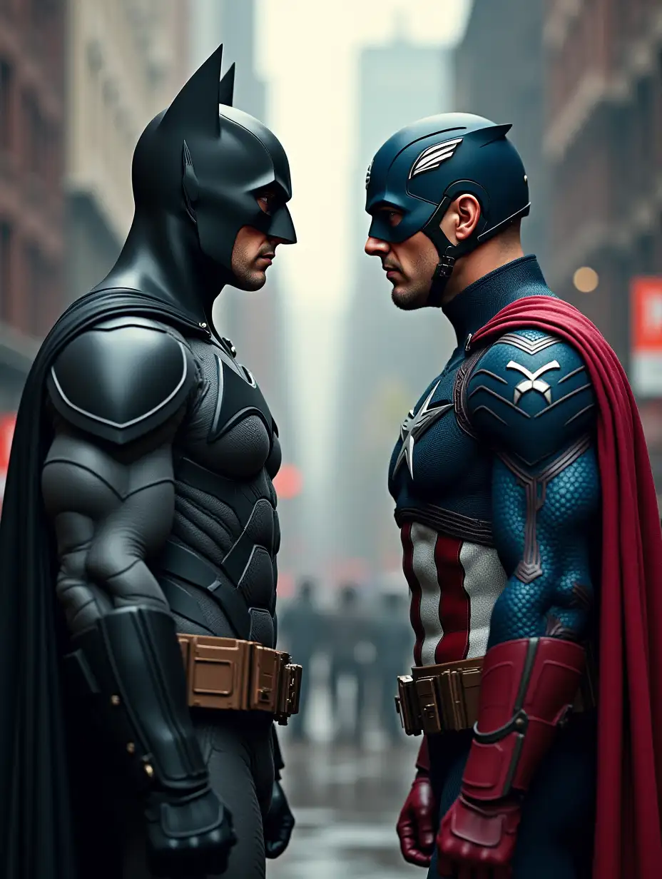 Batman and Captain America are looking at each other