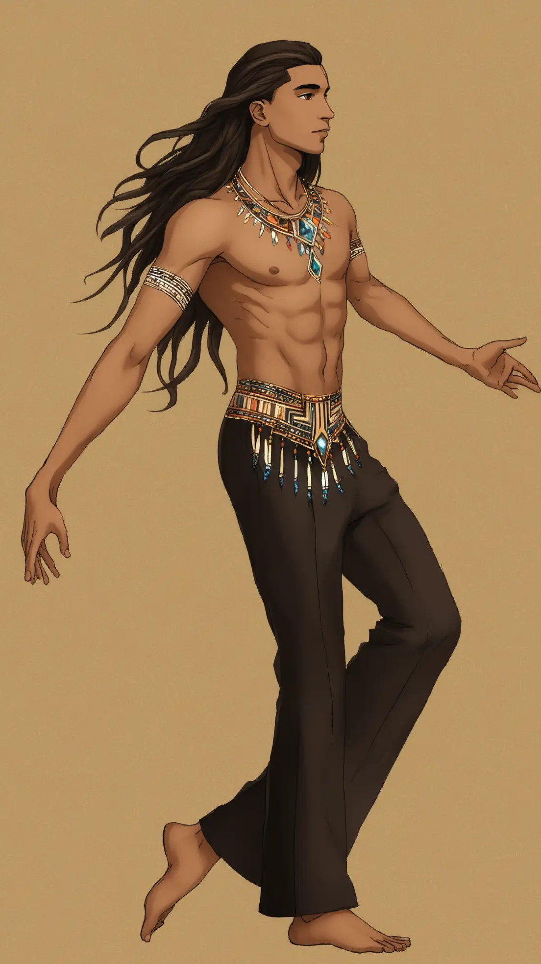 a picture of a beautiful young mixed race man of 50%Latino, 30%African and 20%German origins with dark-brunette long hair, hazel eyes, medium brown skin, only wearing shadeless long pants with a mix of Native-American, Latin-American and art-deco ornamentation and necklace, dancing elegantly with her arms, looking sensual, side view, in art-eco artstyle,(full body)