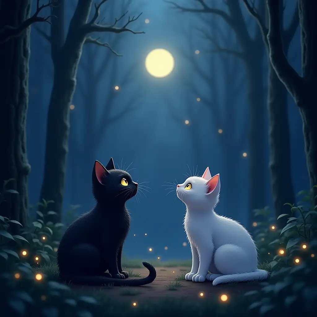 On the left sits a black cat on the right sits a white cat, between them in the air a small moon, the cats are surprised to look up at the nen, on the background of a beautiful forest, there are fireflies in the airmoonlighting, 4k, cyberpank style