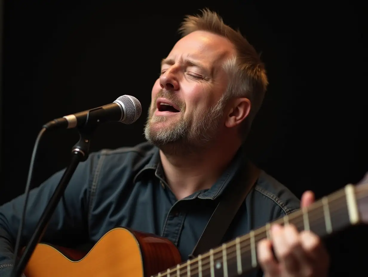 A middle-aged man with very short hair and a round, clean face passionately sings while holding a guitar, captured in a photo-realistic style with soft, natural lighting, focused on his expressive eyes.