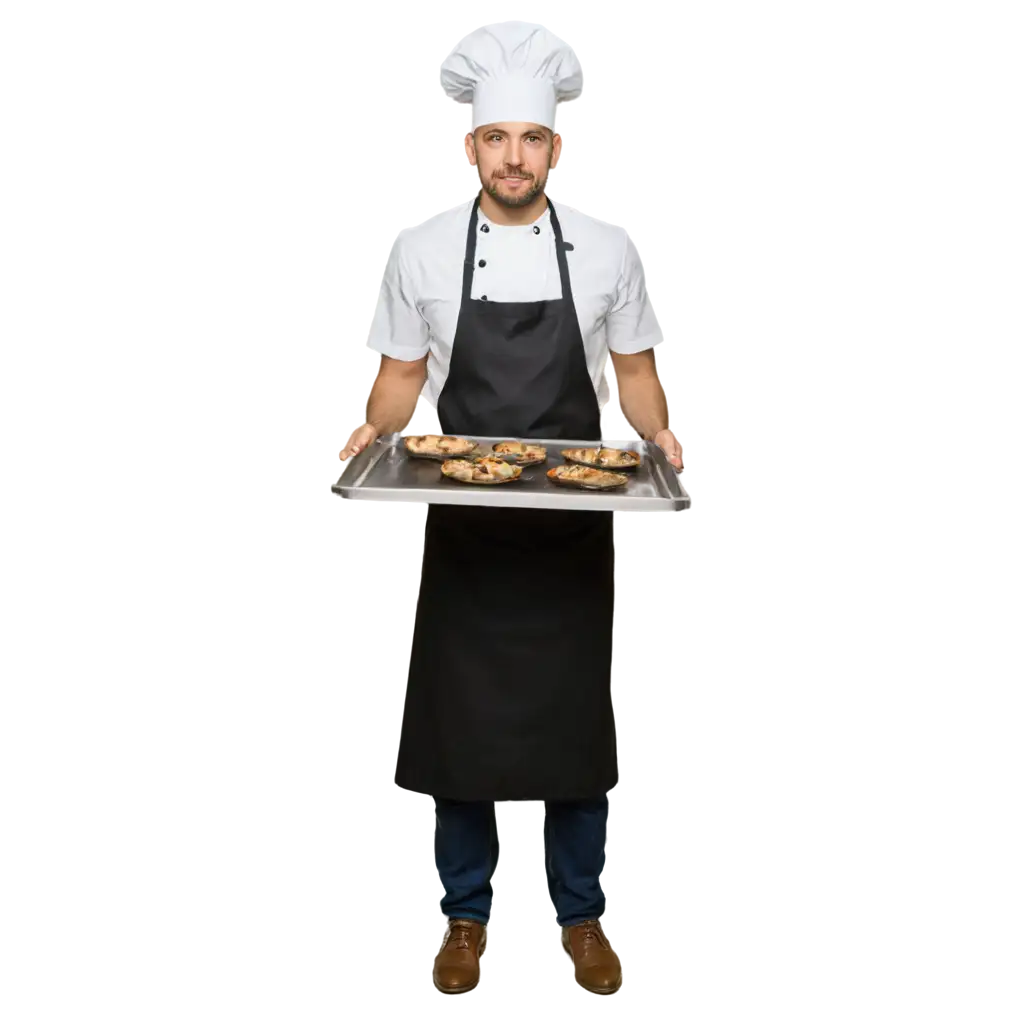 A skilled realistic chef in a modern kitchen, wearing a white chef's coat, a tall chef's hat, and an apron. The chef is holding a large, steaming baking tray or pan with both hands, displaying a dish freshly prepared. The background shows a well-organized kitchen with cooking utensils, pots, and ingredients. The chef has a focused expression, and the kitchen lighting is warm, highlighting the steam rising from the dish