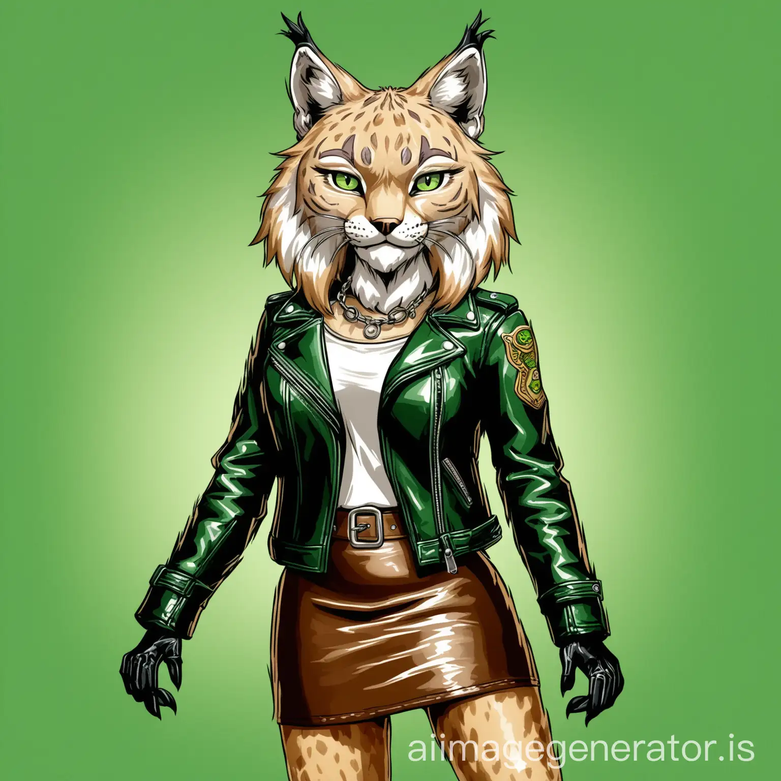 anthropomorphic lynx in a leather jacket and skirt on a green background