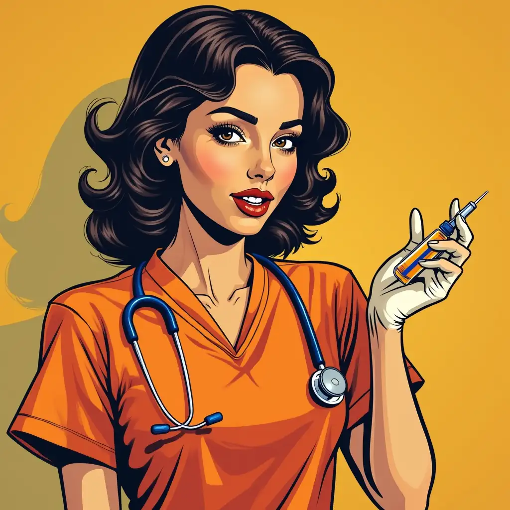 a woman doctor with a shot in her hand in an orange shirt in the style of pop art