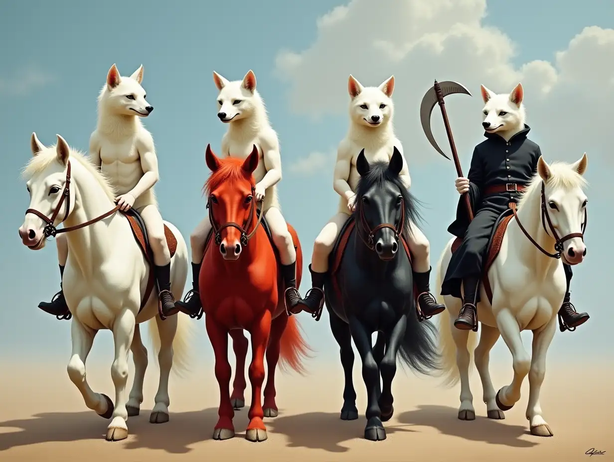 Four riders from left to right. The first rider, a shabby and puny white polar fox on a white horse. The second rider, a white evil polar fox on a red horse. The third rider, a very thin and skinny white polar fox on a black horse. The fourth rider, a white plump polar fox in a black coat and with a scythe on a pale horse. Oil painting.