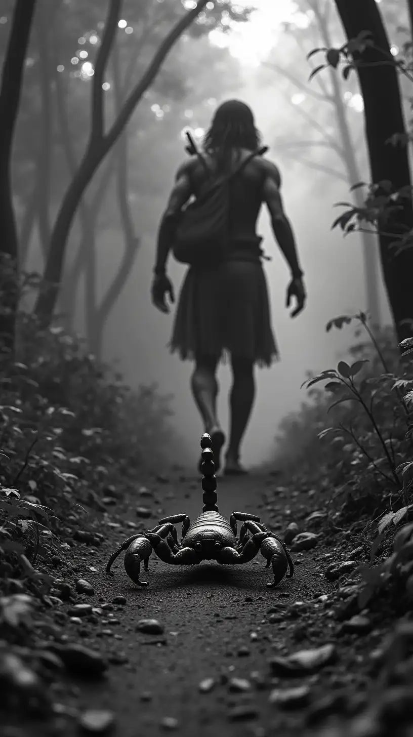 Tamil Tribal Warrior Surprised by Scorpions in Monochrome Forest Scene