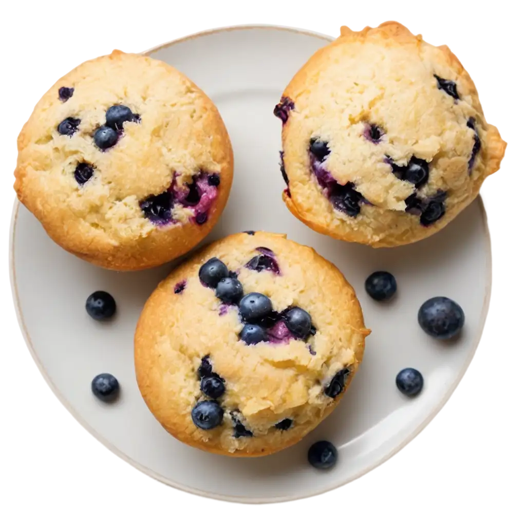 lemon blueberry muffin on a round plate with some berry etc from upside view pictture