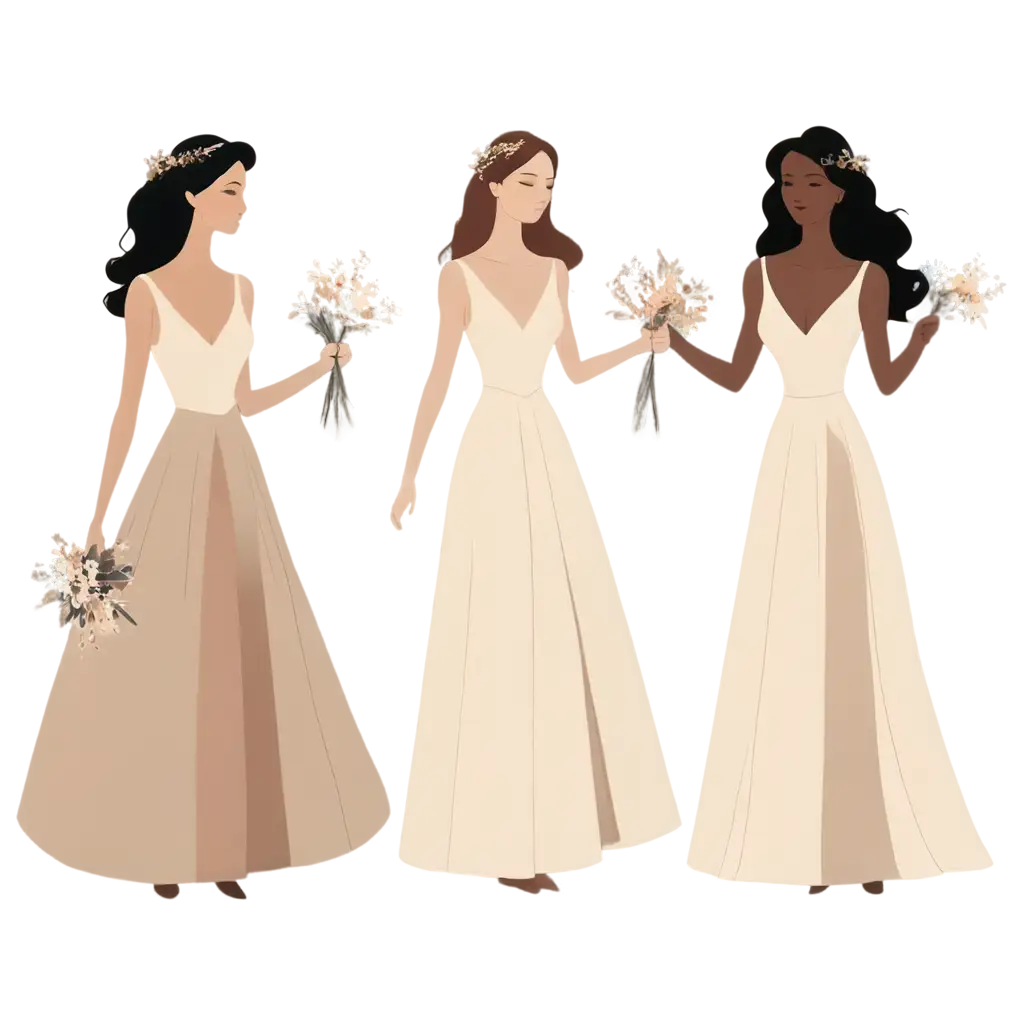 Create a minimalist illustration of three brides in elegant gowns, with soft earthy tones. The brides should have varying skin tones and simple silhouettes, featuring smooth flowing dresses. Place them in graceful poses, with subtle facial features, emphasizing unity and diversity. Surround the brides with delicate floral elements in muted colors, with some dried flowers gently framing the scene. Use a clean and simple background to enhance the minimalist style, focusing on elegance and subtlety.