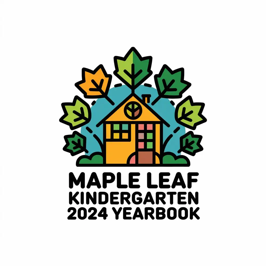 a vector logo design,with the text "Maple Leaf Kindergarten 2024 yearbook", main symbol:Preschool yard, maple leaves, cartoon,Moderate,be used in Nonprofit industry,clear background