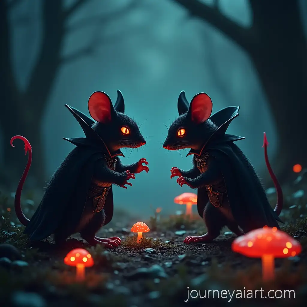 Vampire-Mouse-Knights-Engaged-in-Duel-Under-Glowing-Mushrooms-at-Night