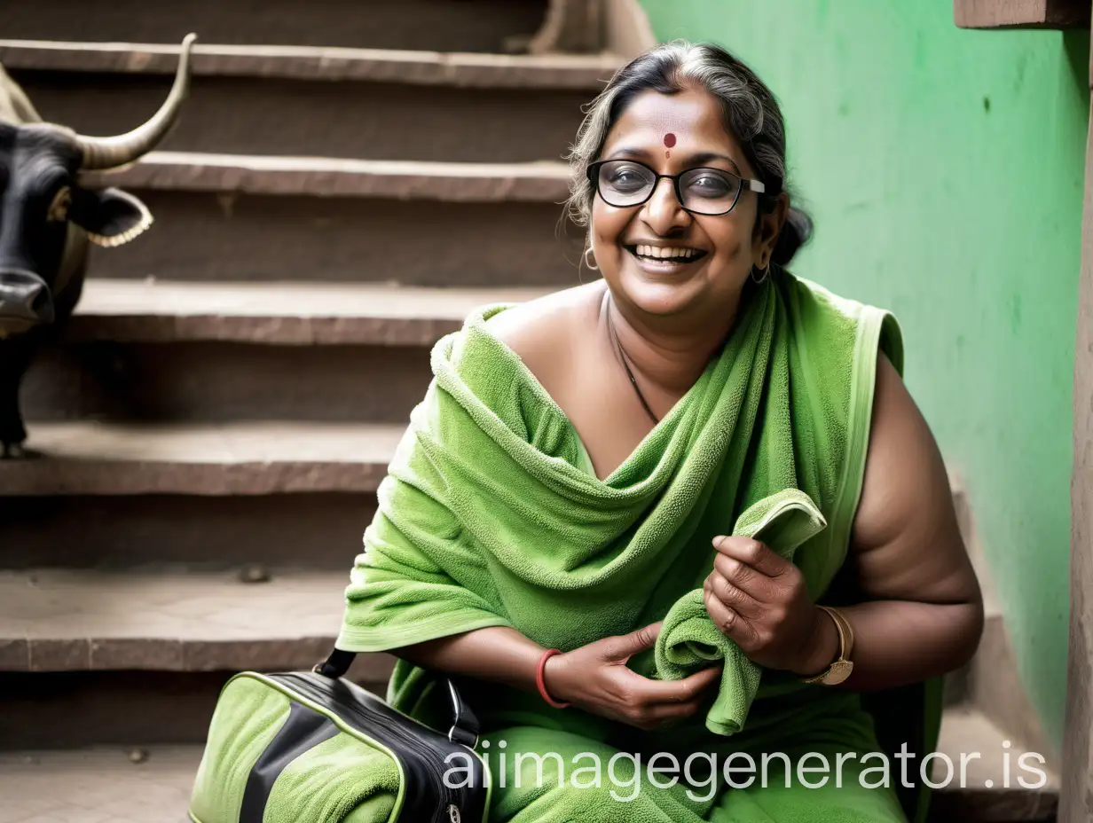 Happy-Indian-Woman-with-Spectacles-and-Mangal-Sutra-Sitting-on-Stairs