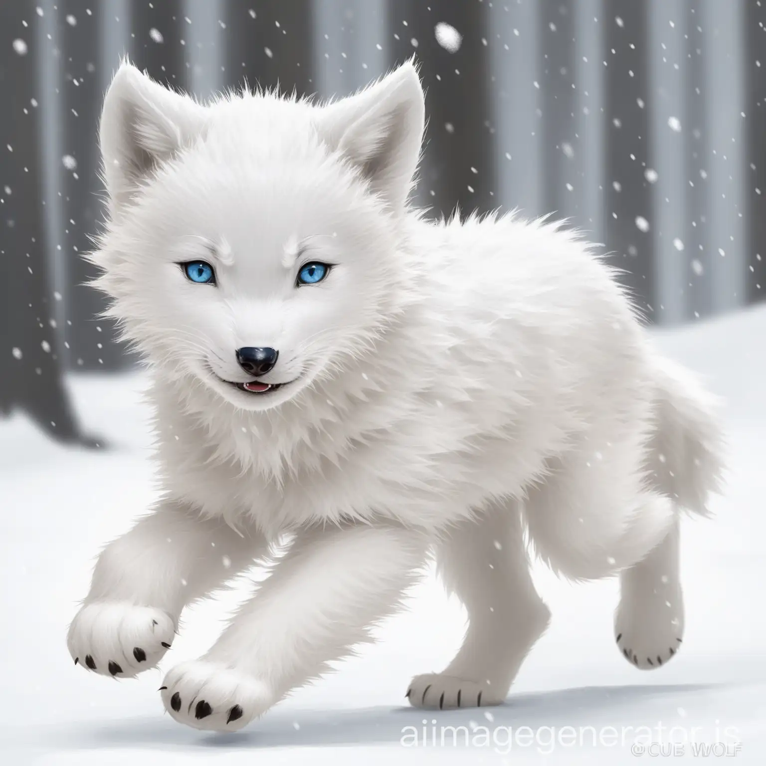 White-Wolf-Cub-Running-Toward-Us-in-Snowy-Landscape