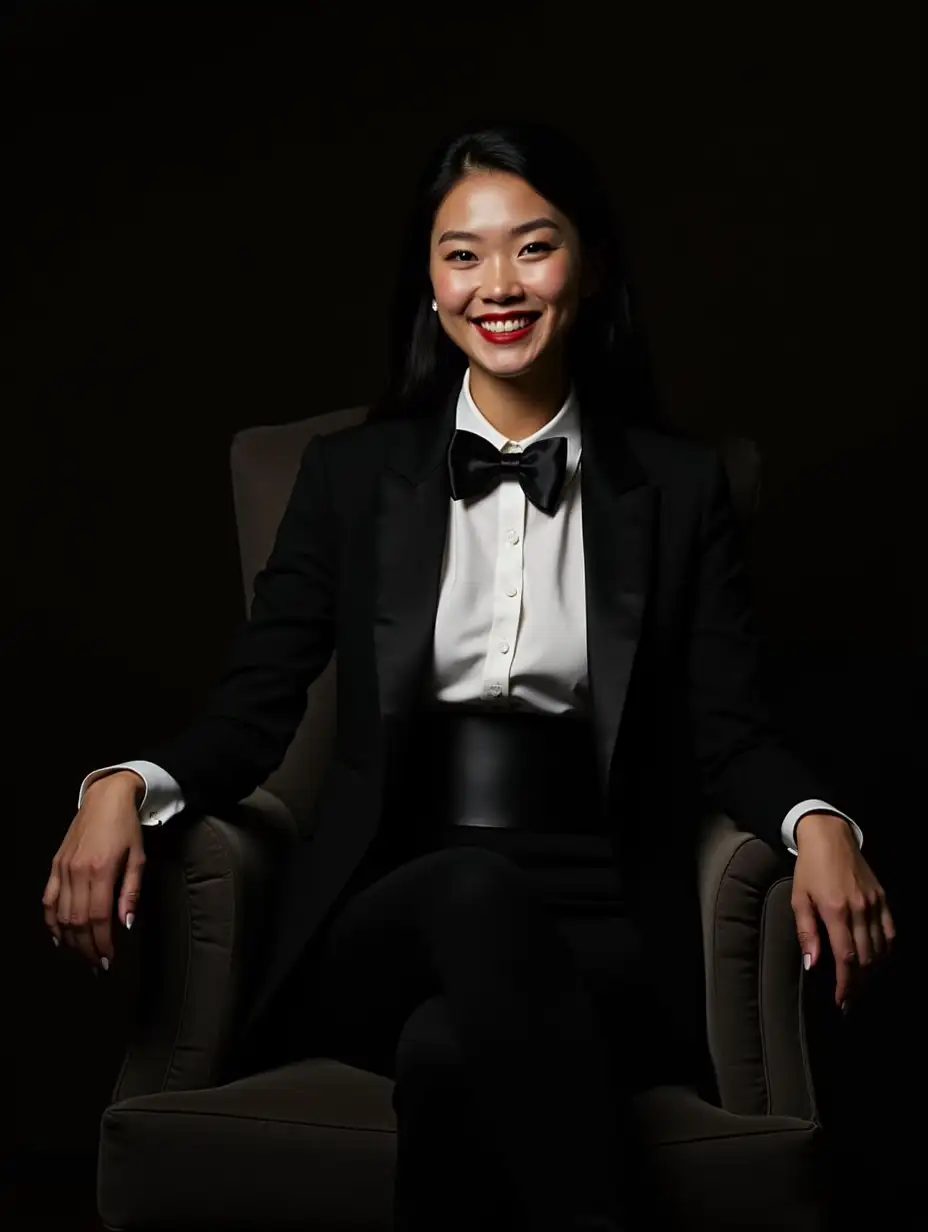 Sophisticated-Chinese-Woman-in-Formal-Tuxedo-Smiling-in-Dark-Room