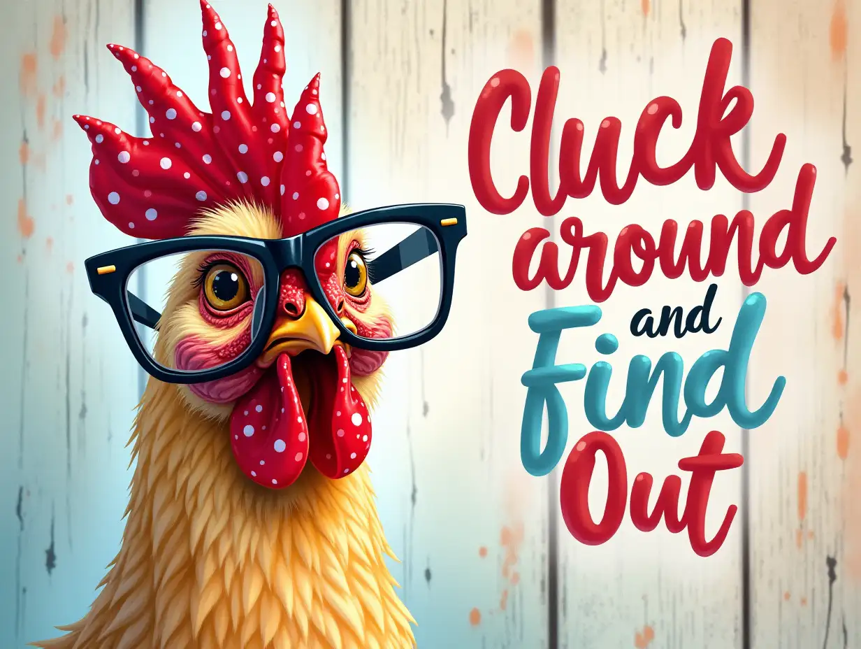 Vector, Watercolor art. Chicken wearing a red polka dot bow and large black glasses, set against a rustic wooden background with pastel colors. The image features playful, vibrant lettering that reads 'Cluck Around and Find Out' in a whimsical font neon. Use a hyperrealistic style for the chicken's details, emphasizing its textured feathers and expressive eyes. Incorporate soft, warm tones with hints of bright red and blue to create a cheerful, inviting atmosphere. Include subtle textures of the wooden backdrop with a slightly distressed look to enhance the overall charm of the scene.