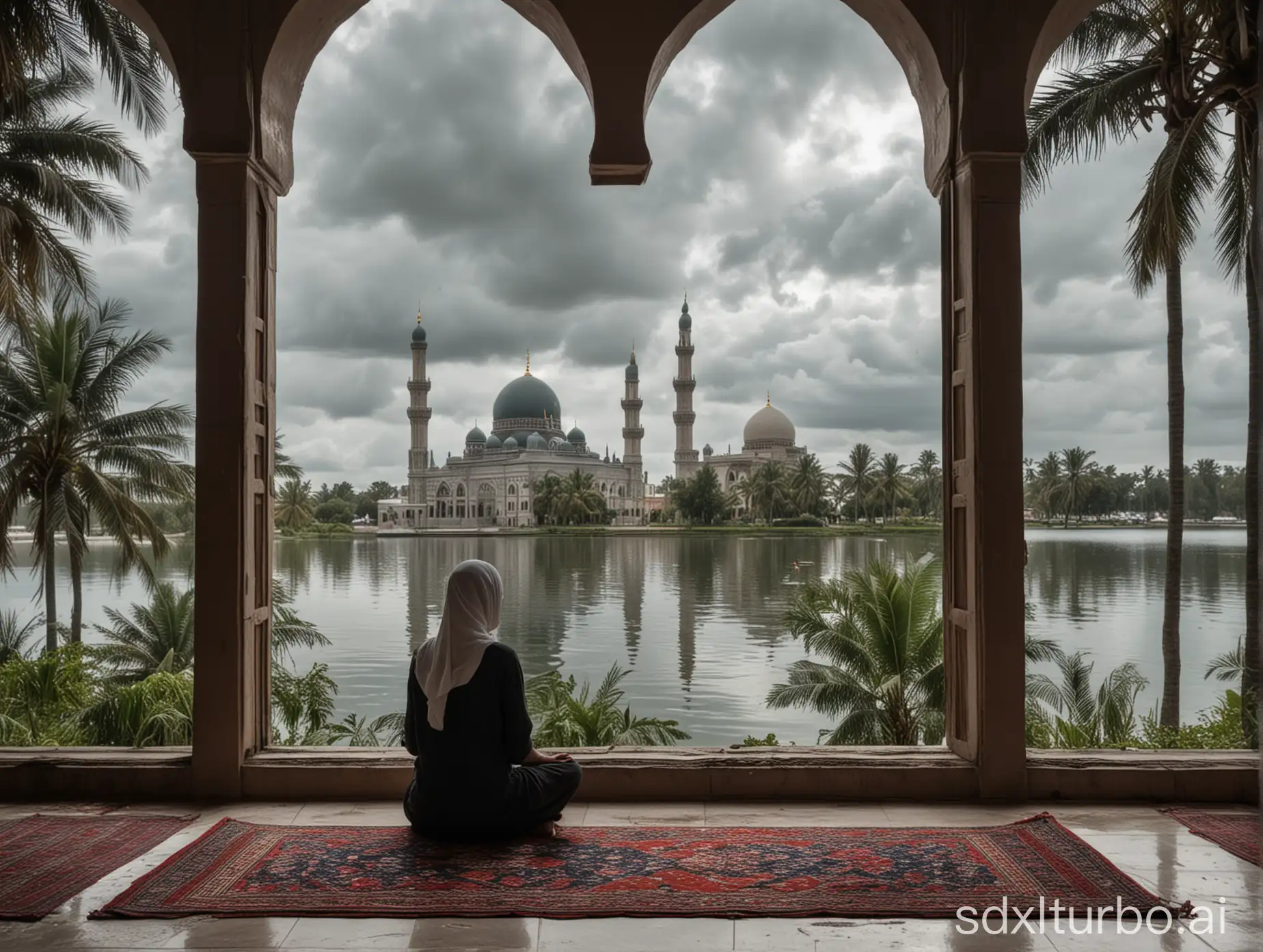 Muslim-Woman-on-Prayer-Mat-by-Lake-with-Mosque-in-Distance