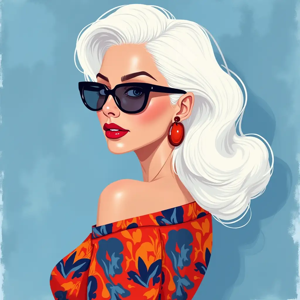 Create a modern illustration in pastel oils of a stylish woman with voluminous white hair, oversized glasses, and circular earrings. She wears a vibrant cloth top with red, orange, blue, and dark blue patterns. The woman gazes confidently over her shoulder, with flawless makeup and red lips. The background is mottled blue, complementing her outfit. The style is flat, graphic, and fashion-forward, emphasizing smooth lines, strong contrasts, and a playful, elegant vibe.