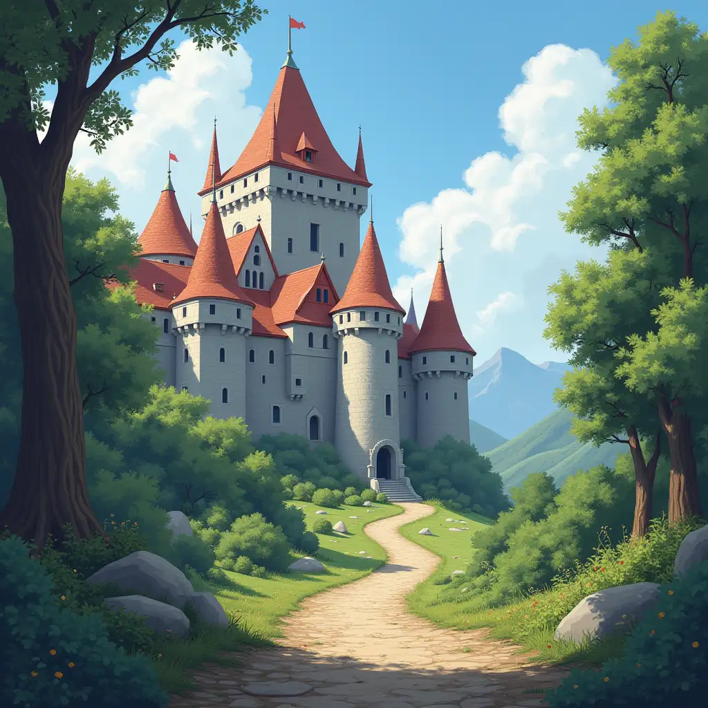 create a background without characters, that is medieval and shows a castle at the end but is large and there is space in the foreground of the image to put several characters that I will add later