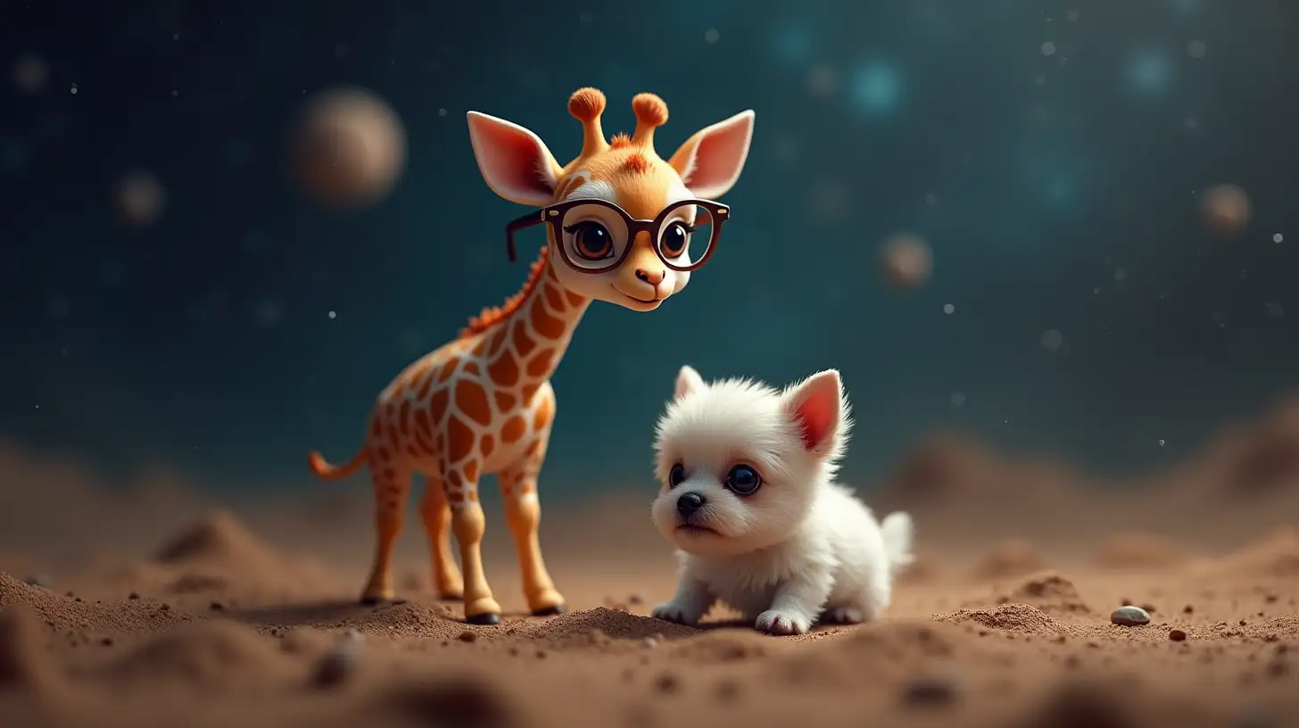 Baby Giraffe with Glasses and Puppy Floating in Outer Space