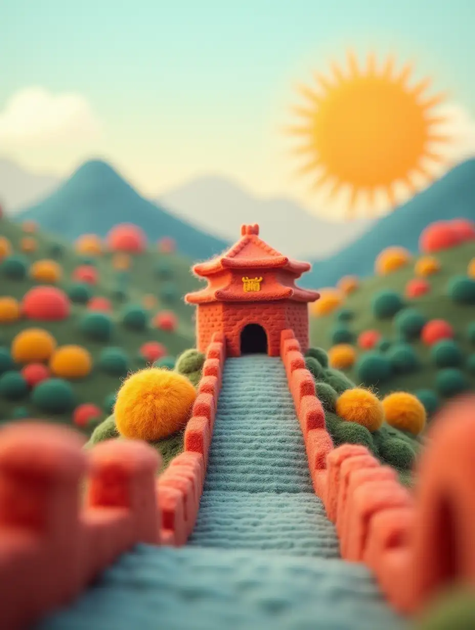 furry great wall, mountains, sun, beijing, clean picture, jellycat, clean background, depth of field, felt painting, wool felt, bright colors, childlike, whimsical, fluffy, stop motion, miniature