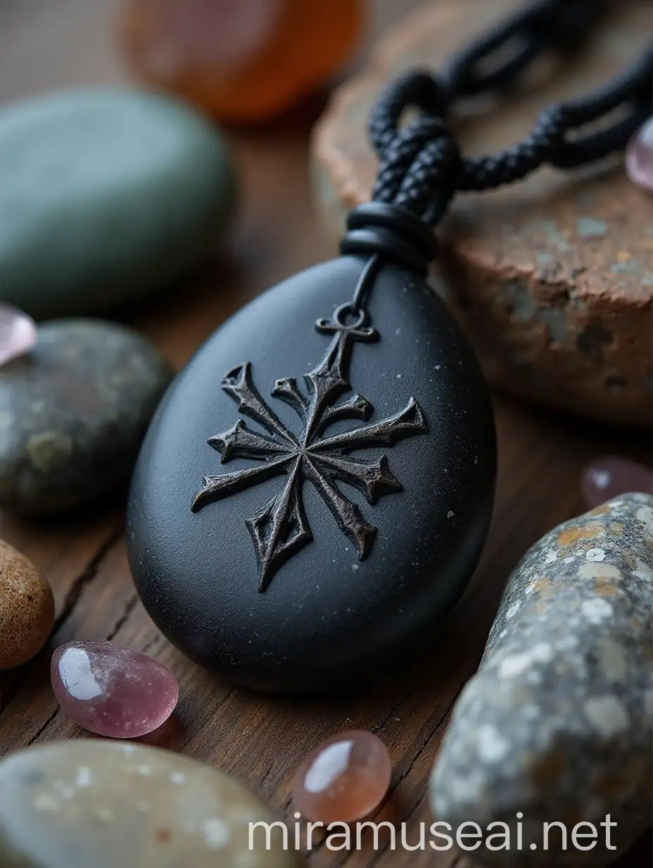 Mystical Amulet with Smooth Black Stone and Runes