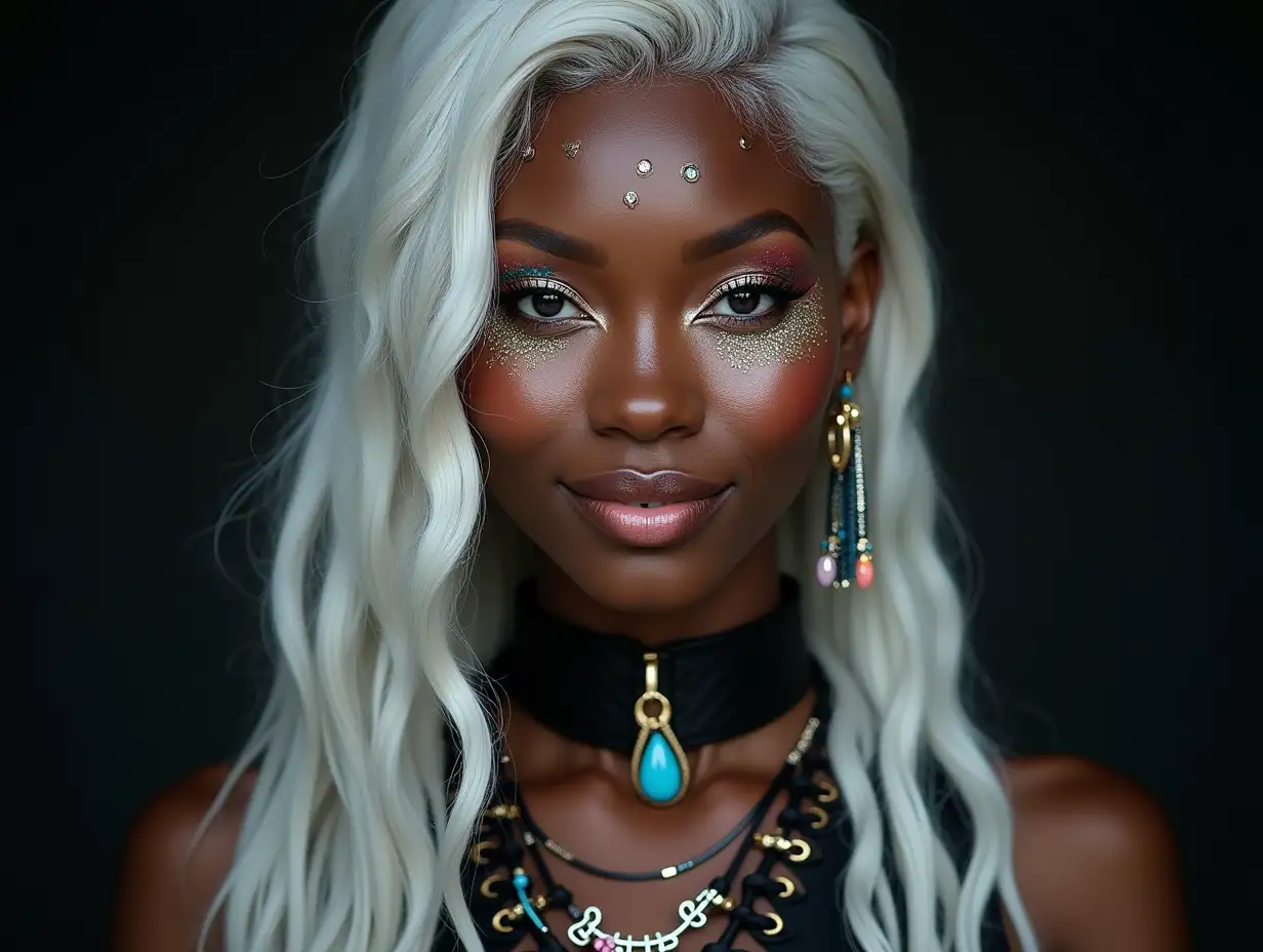 Representation of a beautiful African woman with make-up, glitter around the eyes with a smile on her face-tattoo, futuristic long white hair with black-white hair and laced boots, with intricately detailed, colorful and futuristic jewelry. Black background blurred 120-mm shot