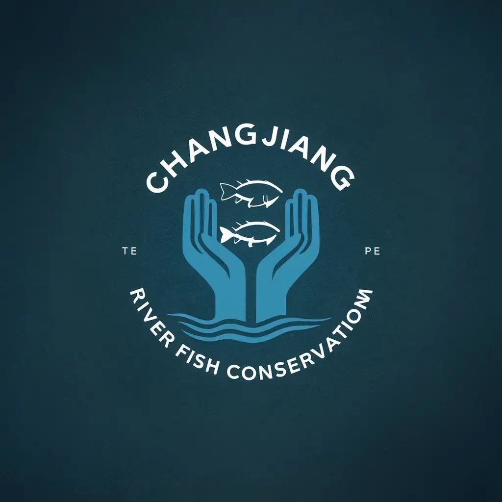 a vector logo design,with the text "changjiang", main symbol:A vector logo design with the text Yangtze River as the main symbol: I want to design a circular logo that embodies the theme of river fish conservation. It should be blue, simple, reflecting the protection of fish and rivers, minimalism, clear background, making this logo appear with hands lifted, reflecting the protection of fish, adding some color blocks, not pure linear,Moderate,clear background