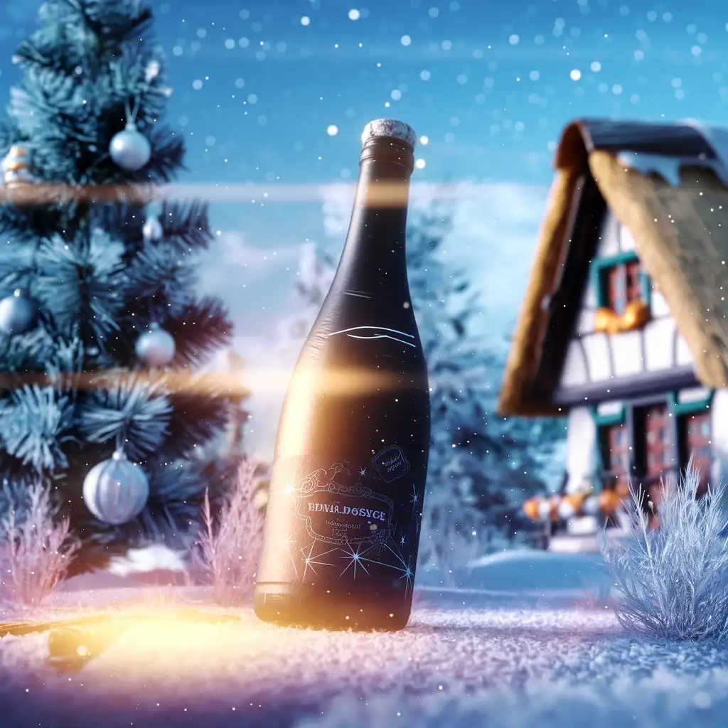 a bottle in front of bright new year's nature with 3d special effects