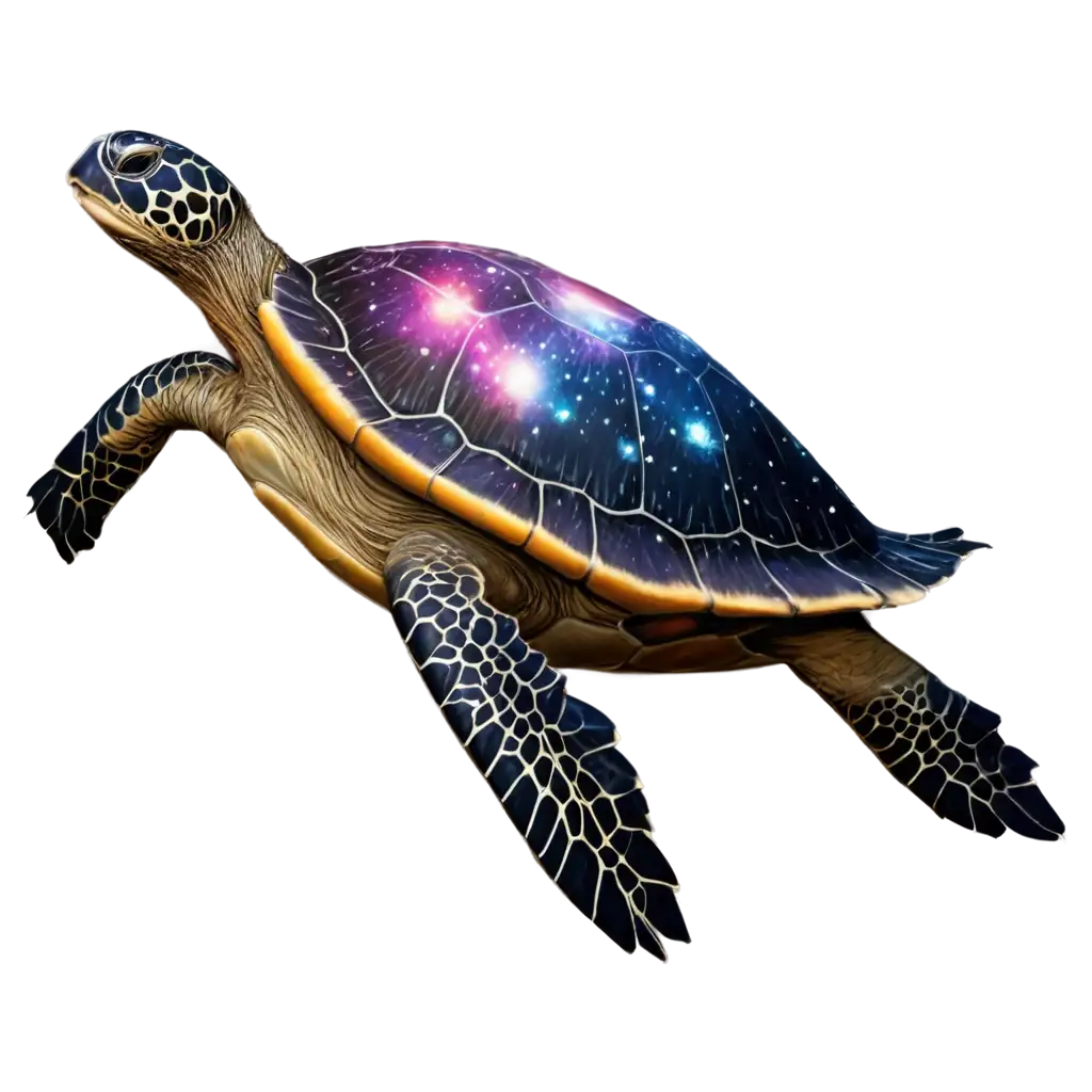 Cosmic Surfing Turtle: A turtle riding the waves of a galaxy, with its shell reflecting constellations and stars. The background could feature a colorful nebula with planets in the distance.